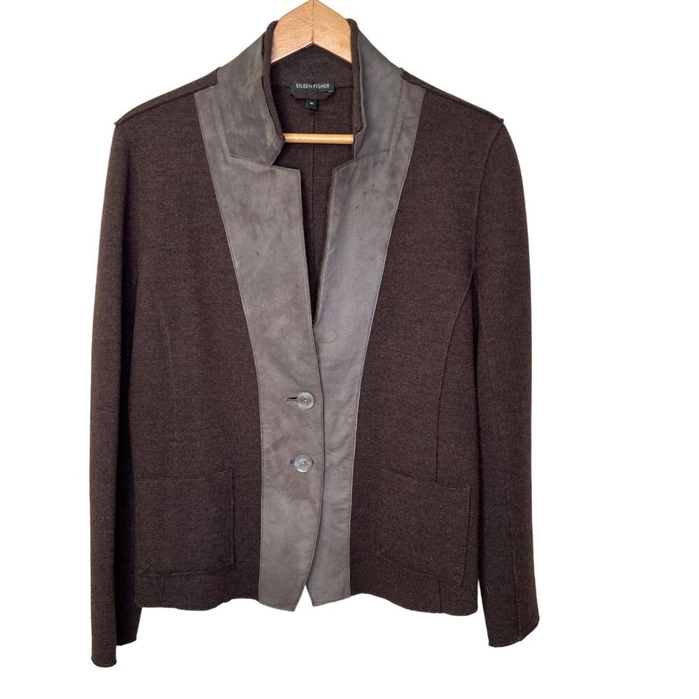 Eileen Fisher Womens Wool & Lamb Leather Blazer Jacket size Med Brown Suede Trim